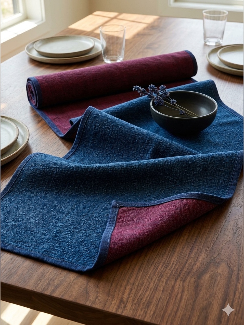 HTF Unbranded Brand Indigo Sashiko Runner - Wine-Toned Contrast Reverse 55”